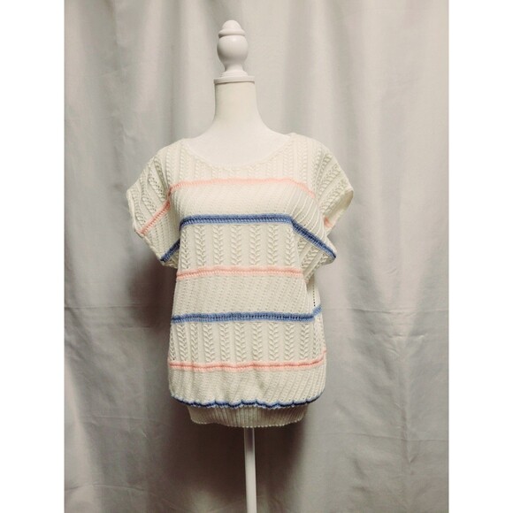 Vintage 80s Open Knit Striped Sweater Shirt Womens Medium Oversized Top - Picture 2 of 10